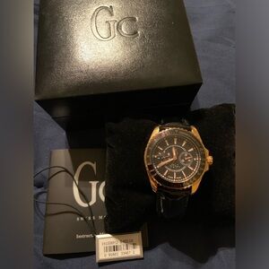 Womens Guess Collection Chronograph Watch Black Leather and Gold Tone $450